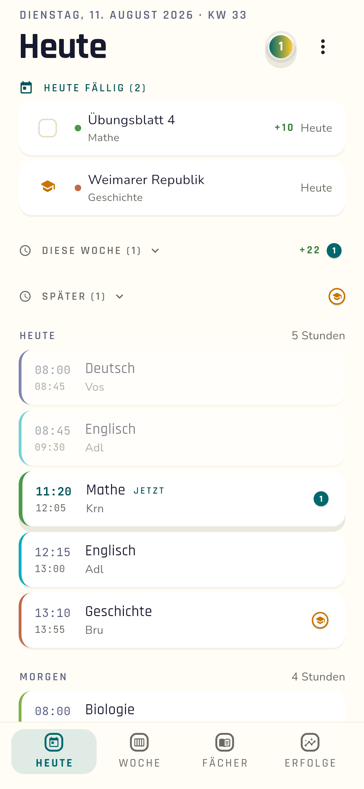 Die Heute-Ansicht: die Stunden des Tages mit Aufgaben daran.