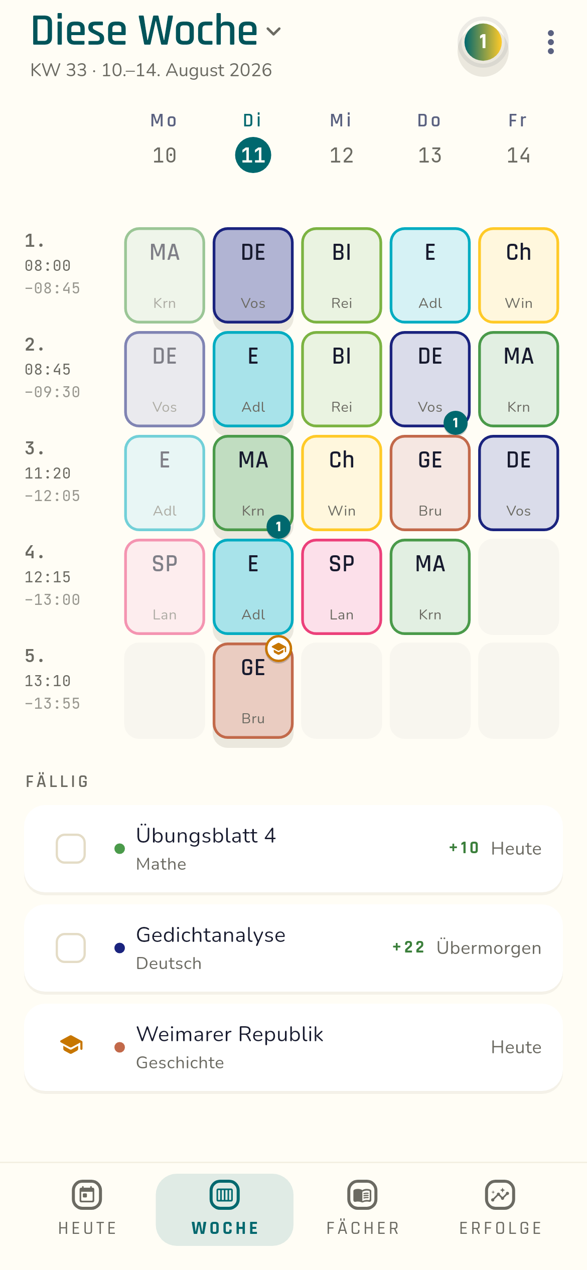 Die Wochenansicht: der Stundenplan der Woche.