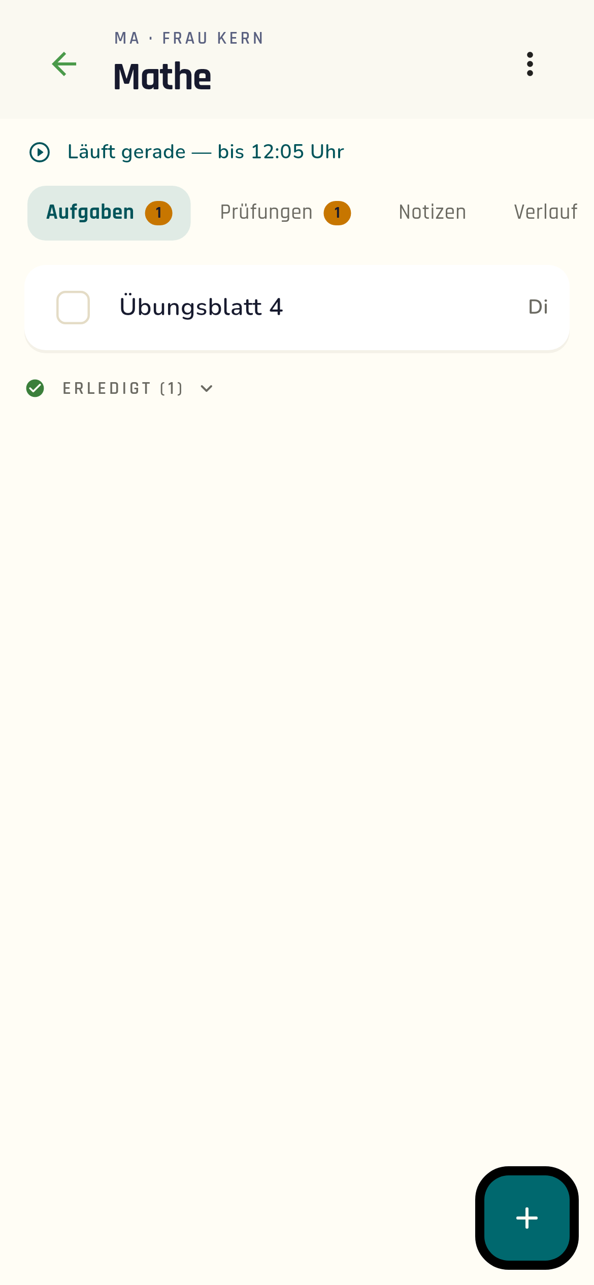 Ein Fach mit seinen Aufgaben, Prüfungen und Notizen.